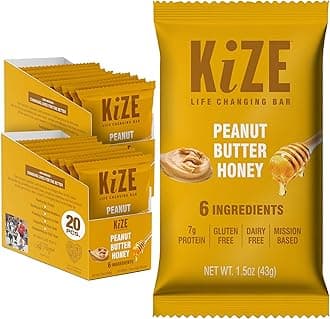 KiZE Energy Bars - Peanut Butter Honey - 20-Count - Gluten Free, Dairy Free, Non-GMO, and High Protein Meal Replacement Energy Bars, Clean and Simple Food Ingredients - 7g High Protein Snacks (20 Count)