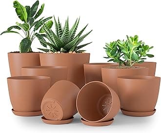 Plant Pots Indoor with Drainage - 7/6.6/6/5.3/4.8 Inches Home Decor Flower Pots - Plastic Planters for Indoor Plants, Cactus, Succulents Pot (Terracotta, Pack of 10)