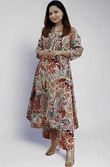 GRECIILOOKS Co ord set for women stylish | Anarkali Kurta-Set – Viscose Rayon Printed Kurta & Straight Pant | kurtis| Festive Indian Traditional Outfit Dress for Functions & Puja | Trendy Travel & Streetwear Look for Women | 3/4 Half Sleeve