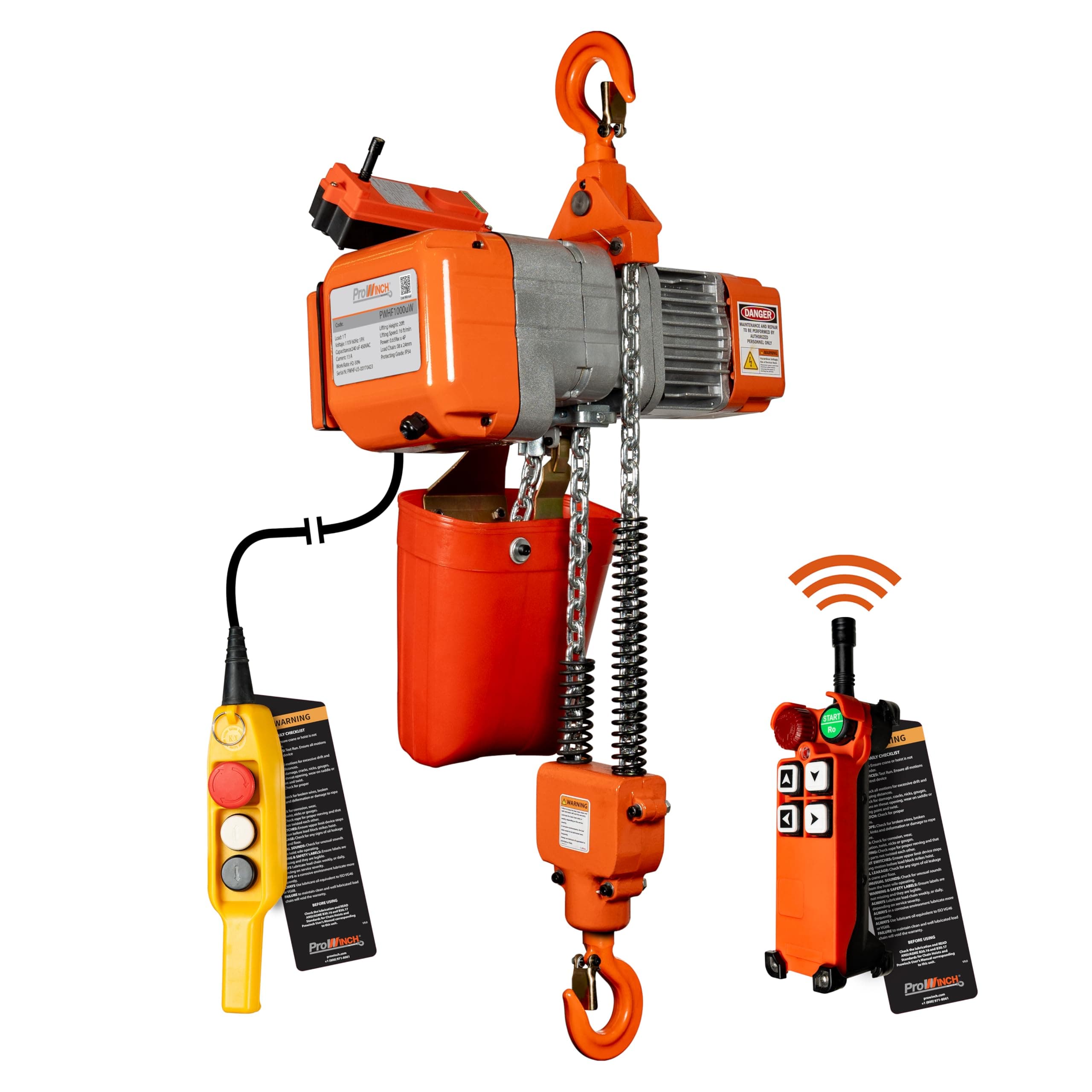 2200 lbs 1 Ton Electric Chain Hoist with Remote Control 110V- 20 ft Lifting Height, 1 Speed, Single Phase with G80 Chain, H2 Duty for Overhead Crane, Ceiling Hoist, Warehouse, Garage, Attic