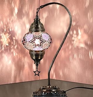 DEMMEX Turkish Moroccan Mosaic Table Lamp – Handcrafted Tiffany-Style Colorful Glass Swan Neck Bedside, Desk, Table Light, Boho Artisan Accent Lighting for Bedroom or Living Room – 15" H, Purple