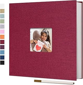 Vienrose Large Photo Album Self Adhesive for 4x6 8x10 10x12 Pictures Linen Scrapbook Album DIY 60 Blank Pages with A Metallic Pen Red