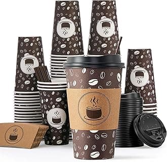 Disposable Coffee Cups with Lids, Sleeves and Straws - 12oz(100 Pack) Paper Coffee Cups with Lids, Hot Cup for Shops, Cafes, and Concession Stands(Dark Brown)