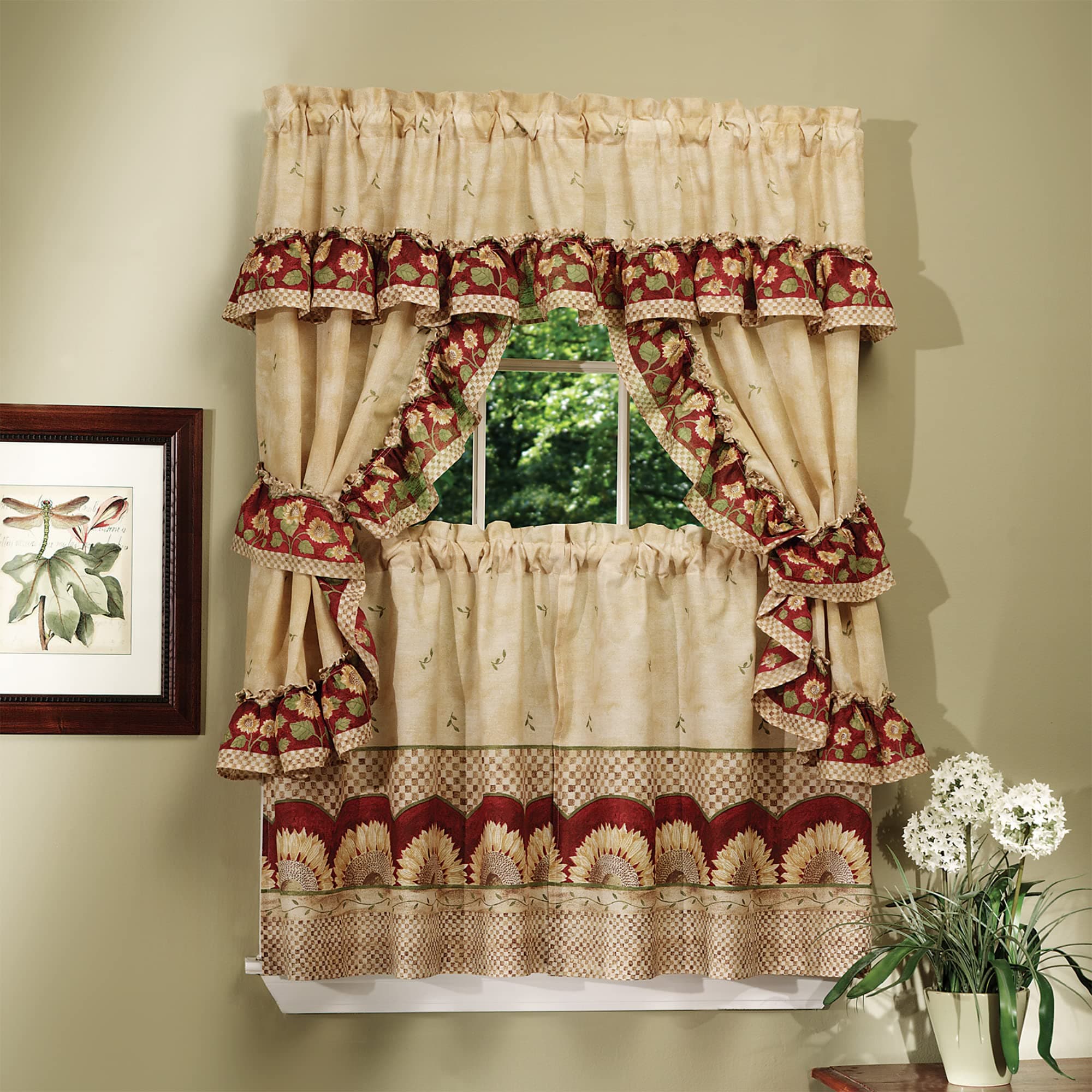 ACHIM Printed Cottage Window Curtain Set - 57 Inch Width, 36 Inch Length - Sunflower - Light Filtering Polyester Drapes Include Tailored Valances, Ruffle Topper Pair of Tiebacks Home Decor