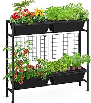 OYEAL Raised Garden Bed 32" Tall Elevated Planter Boxes with Trellis & Legs, Vertical Herb Garden Planter Outdoor for Gardening, Vegetables, Flowers, Herbs, Backyard, Black