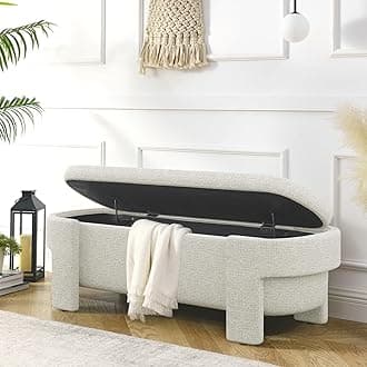 Polibi Linen Fabric Upholstered Bench with Large Storage Space and Safety Hinged Lid,End of Bed Storage Ottoman for The Living Room, Entryway and Bedroom,Beige Stripe(51.5''x20.5''x17'')