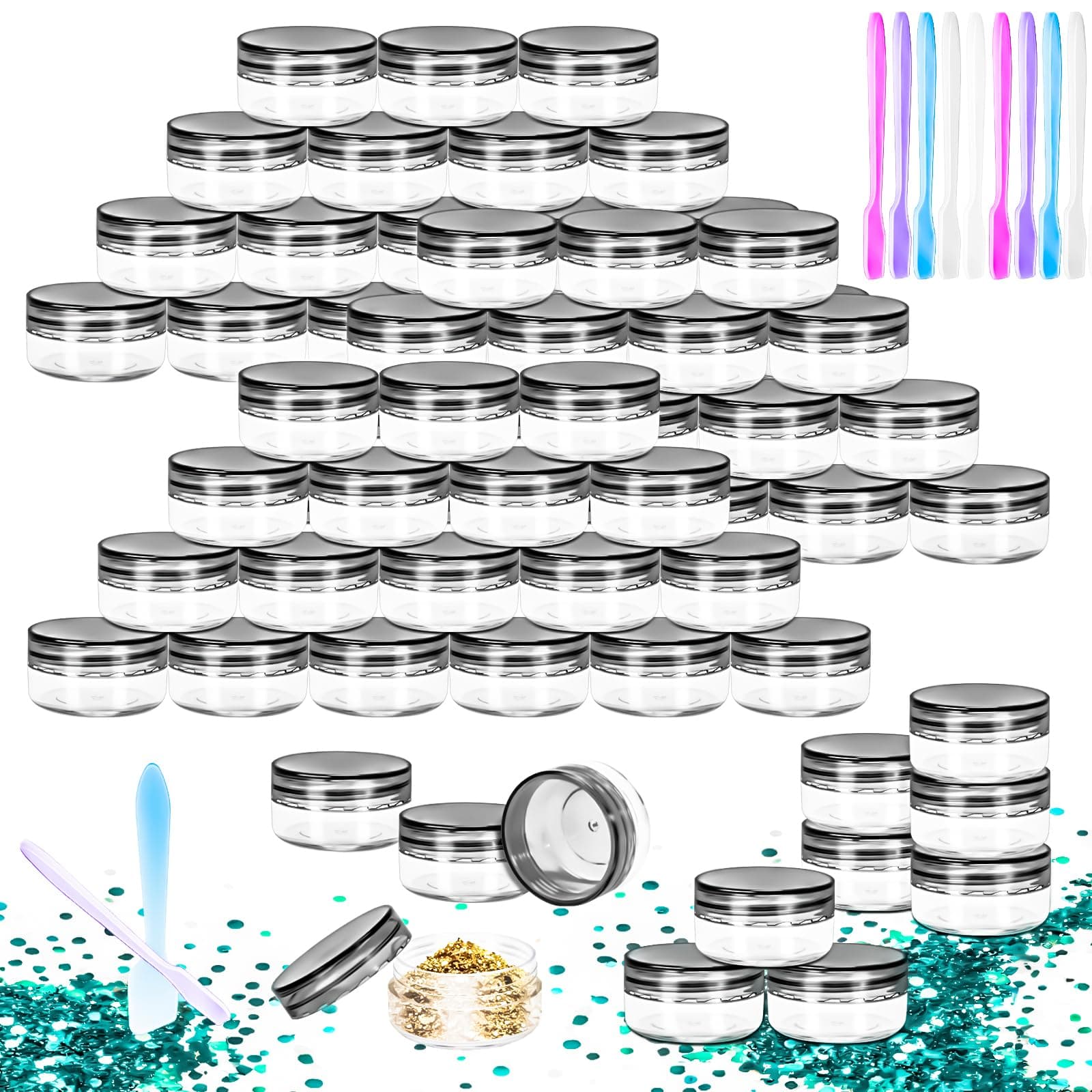 MotBach 50 Pack 10g Plastic Jars with Lids, 10ml Round Clear Cosmetic Containers Makeup Jars, 10gram Travel Size Container Jar with Spatulas for Makeup Sample Lotion Cream Ointment Salve Balm Powder