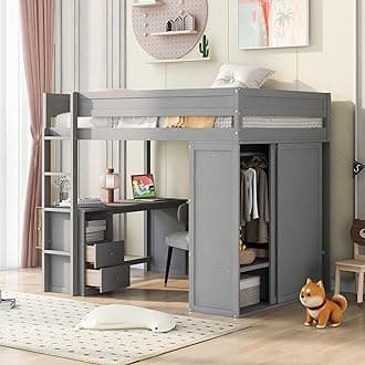 Modern Full Size Loft Bed with Sliding Door Wardrobe and 2-Drawer Desk, Solid Wood Loft Bed Frame with Safety Guardrail for Kids Teens Adults, Space-Saving Design (A+Gray)