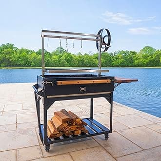 Argentine Santa Maria Heritage Wood Fire & Charcoal BBQ Grill with Adjustable Grill Grates, Fire Bricks, Heavy-Duty Steel, S-Hooks, Acacia Wood Table for Outdoor Gaucho Grilling