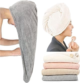 Extra Large 4 Pack Microfiber Hair Towel Wrap for Women Super Absorbent & Quick Dry Hair Drying Towels with Button, Hair Turbans for Curly Hair Long & Short Hair - Anti-Frizz