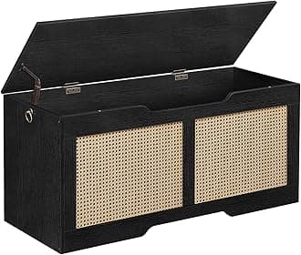 HOOBRO Storage Bench, 43.3" Toy Box, Rattan-Like Storage Chest, Sturdy Entryway Bench Supports 220 lb, Toy Chest, Safety Hinge, U-Shaped Opening, Easy Assembly, Black BB22CW01