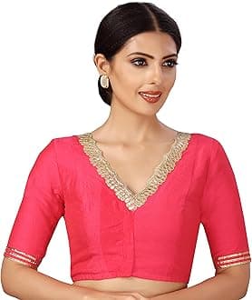 Studio Shringaar Women's Readymade Silky Saree Blouse Elbow Length Sleeves with Embroidered Neck Choli