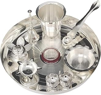 BENGALEN Pooja thali Set Silver Plated with 8 Inch Plate Glass Bowl Agarbatti Stand Palli Diya Kumkum Stand Coin Ghanti Puja Thali for Diwali Home Mandir Office Wedding Return Gift Items