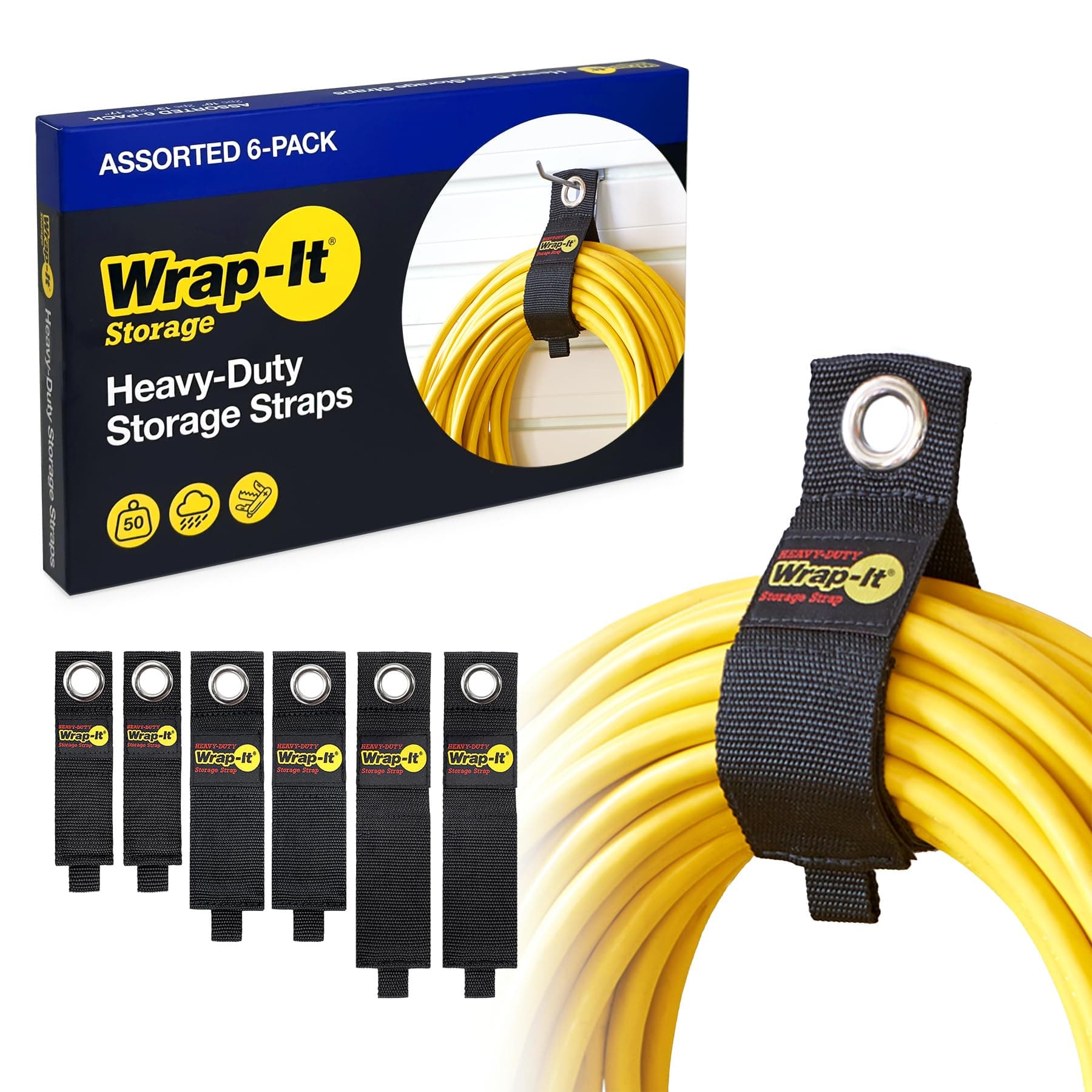 Wrap It Wrap It Heavy-Duty Storage Straps (6 Piece Variety Pack 2M/2L/2XL) - Hook and Loop Organizer Hanger for Extension Cords, Cables, Hoses, Rope and More for Garage, Home, Shop, Boat and RV Organi