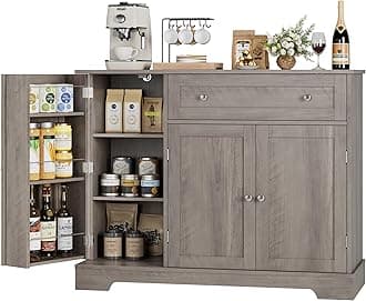 HOSTACK Buffet Cabinet with Storage, Modern Sideboard Buffet with Doors, Wood Coffee Bar Kitchen Storage Cabinet with Drawer and Adjustable Shelf for Kitchen, Dining Room, Living Room, Ash Grey