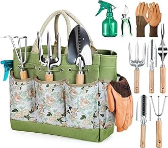 Grenebo Heavy Duty Garden Tools Set, 9-Piece Stainless Steel Rust-Proof Gardening Kit with Non-Slip Ergonomic Handles & Durable Storage Tote Bag, Gardening Gifts for Women Men, Plant Tools