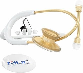Acoustica Lightweight Stethoscope for Doctors, Nurses, Students, Home Health Use, Adult, Dual Head, White Tube, Gold Chestpiece-Headset, MDF747XPK29