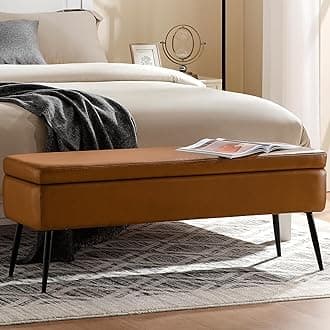 Leather Storage Ottoman Bench,End of Bed Bench for Living Room Bedroom Dinning Room Entryway,Mid-Century Modern, with Steel Legs,Safety Hinges, Loads 660 lb (Without Button, Brown)