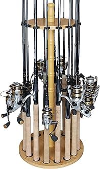 Rush Creek Creations Round 16 Fishing Rod Storage Rack Features Traditional Handcrafted Wood Post No Tool Assembly, Grain Laminate, 24-Rod Light