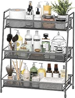 EKNITEY Bathroom Countertop Organiser Rack - 3 Tier Counter Spice Rack Metal Makeup Rack Small Perfume Vanity Organiser for Sink/Bedroom/Living room/Kitchen/Office Black
