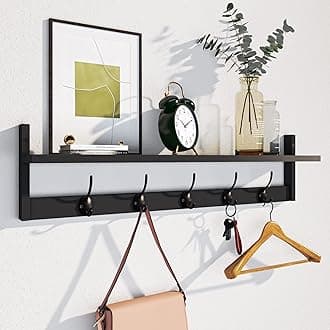 AMBIRD Wall Hooks with Shelf Entryway Hanging Wood Coat Hooks with Shelf Wall-Mounted Coat Hook Rack with 5 Dual Hooks for Bathroom, Living Room, Bedroom (Stylish)