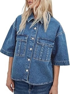Womens Cropped Denim Jackets Oversized Fall Casual Short Sleeve Jean Shirts Shackets with Pockets