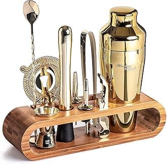 Mixology Cocktail Shaker Set - 10-Piece Cocktail Making Set - Home Bartender Kit in Bamboo Stand with Spoon, Boston Shaker, Other Tools for Drink Mixing, Martini, Mocktail - Gift Set (Gold)