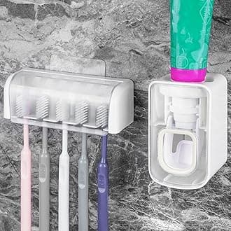 5 Slots Wall Mount Toothbrush Holder with Cover, Self Adhesive Toothbrush Storage Organizer for Shower, Toothbrush Hanger with Automatic Toothpaste Squeezer Dispenser