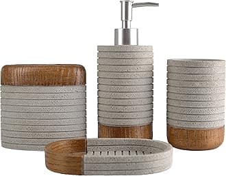 Hymmah Bathroom Accessories Set,Toothbrush Holder,Farmhouse Bathroom Decor,4 Pcs Resin Gift Set Apartment Necessities, Contain Toothbrush Cup,Soap Dispenser,Soap Dish,Tumbler (Cross Stripe Gray)