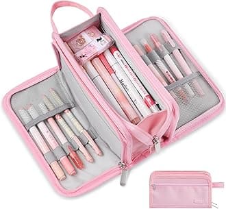 Sooez Large Pencil Case, Big Capacity Pencil Pouch Pen Bag with 3 Compartment, Portable Canvas Stationery Organizer with Zipper, Cute Aesthetic School Supplies for Teen Girls College, Pure Pink