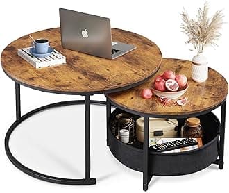WLIVE Round Coffee Table Set of 2, 31.5" Nesting Coffee Table with Storage, Industrial Minimalist Center Table with Metal Frame, Easy Assembly for Living Room, Apartment, Rustic Brown