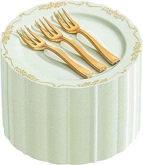 - LIYH 100 Pcs Light Green Gold Plastic Dessert Plates with 100 Pcs Gold Dessert Plates, Disposable Sage Green Salad Plates, Includes: 100 Appetizer Plate 7.5" & 100 Golden Cake Forks 5"