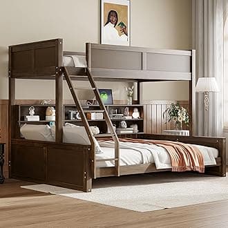 Twin XL Over Queen Bunk Bed with Storage Shelves and USB Ports, Solid Wood Bunk Bed with Safety Guardrails for Kids Teens Adults, No Box Spring Needed, Antique Wood
