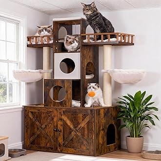 Cat Tree with Litter Box Enclosure for Indoor Big Cat, Cat Tower for Large Cats 20lbs Heavy Duty, Modern Cat Condo Furniture with Scratching Posts, Rustic Brown HCT110SR