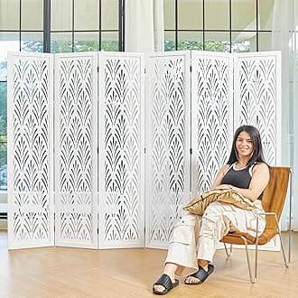 5.6Ft Room Divider Folding Wood Simple Carved Partition Screen for Home Office Garden - 6 Panels (White)