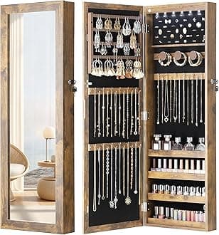 Nicetree 6 LEDs Mirror Jewelry Cabinet with 3 Improvements, 4.2" D Door/Wall Mounted Jewelry Armoire with Full Length Mirror, Larger Capacity, Rustic Brown