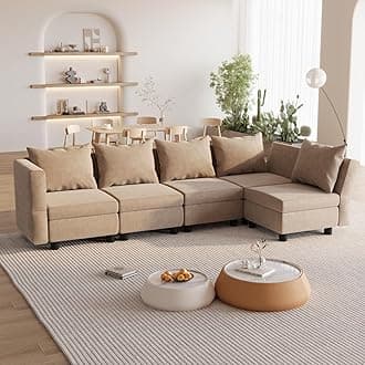Flamaker Sofa with Storage, Corner Sofa with Upholstered Furniture, Modular Sofa with Angle-Adjustable Armrests and Backrests (5 Seats, Beige)