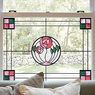 Window Stickers, ‌Stained Glass Window Privacy Film, UV Blocking Static Cling for Home Kitchen Office Bathroom, Geometric Rose, 11.81" X 15.75"