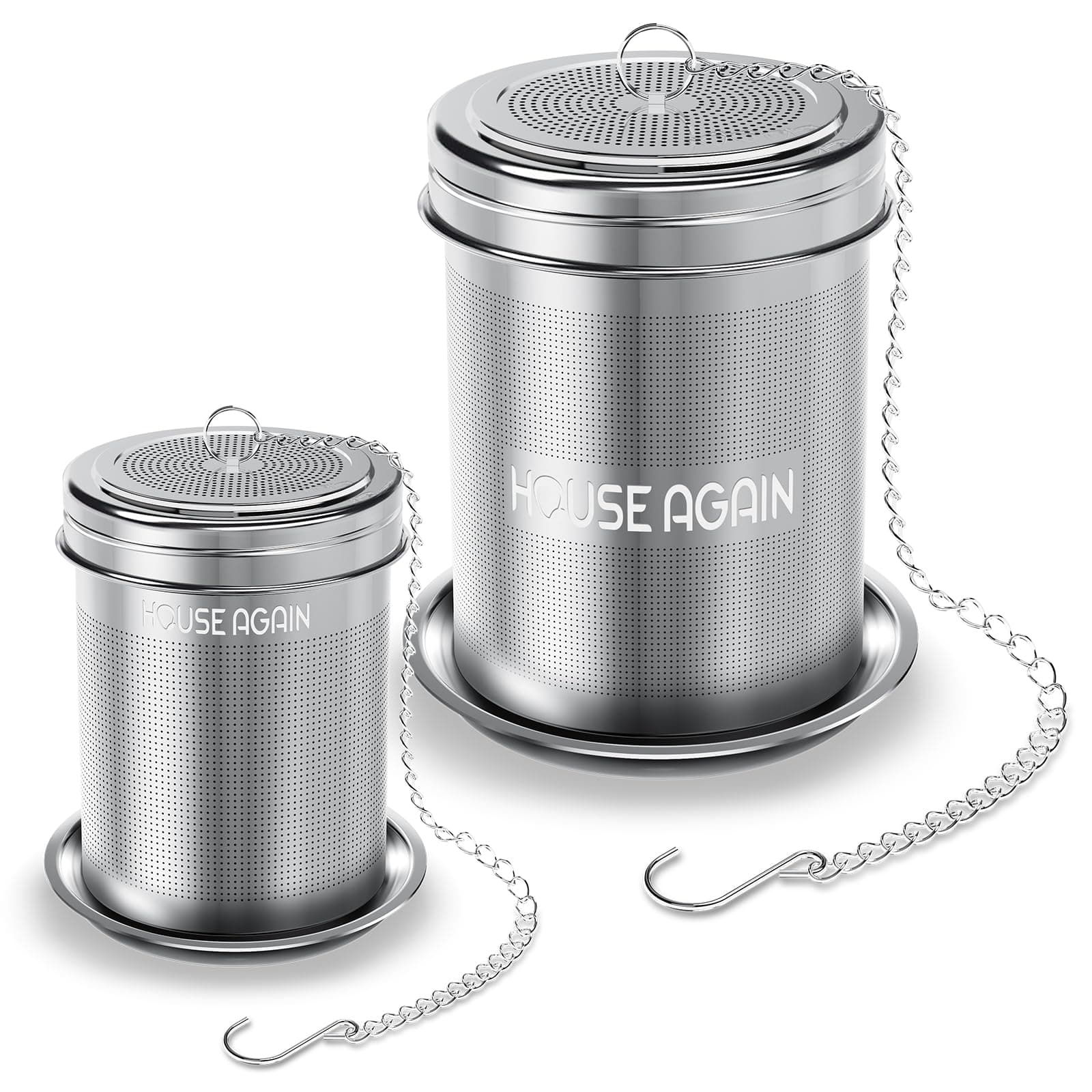 House Again Tea Infuser (2 Pack, Large + Small), Extra Fine Mesh Tea Strainers for Loose Tea, 18/8 Stainless Steel Tea Strainer with Extended Chain Hook, Tea Steeper