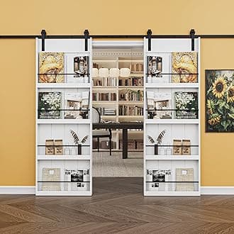 Paintable 60in x 84in Barn Door with 12FT Hardware Kit Included, Solid MDF Wood 8-Shelf Storage Shelves Style Sliding Barn Door, Easy Install, Interior Kitchen Pantry Bathroom Home Office Door