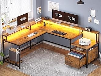 L Shaped Office Desk, 66" Corner L Shaped Computer Desk with Wood File Drawer & Power Outlet for Home Office, Gaming Table with Led Lights, Monitor Shelf, Printer Storage Shelves, Rustic Brown