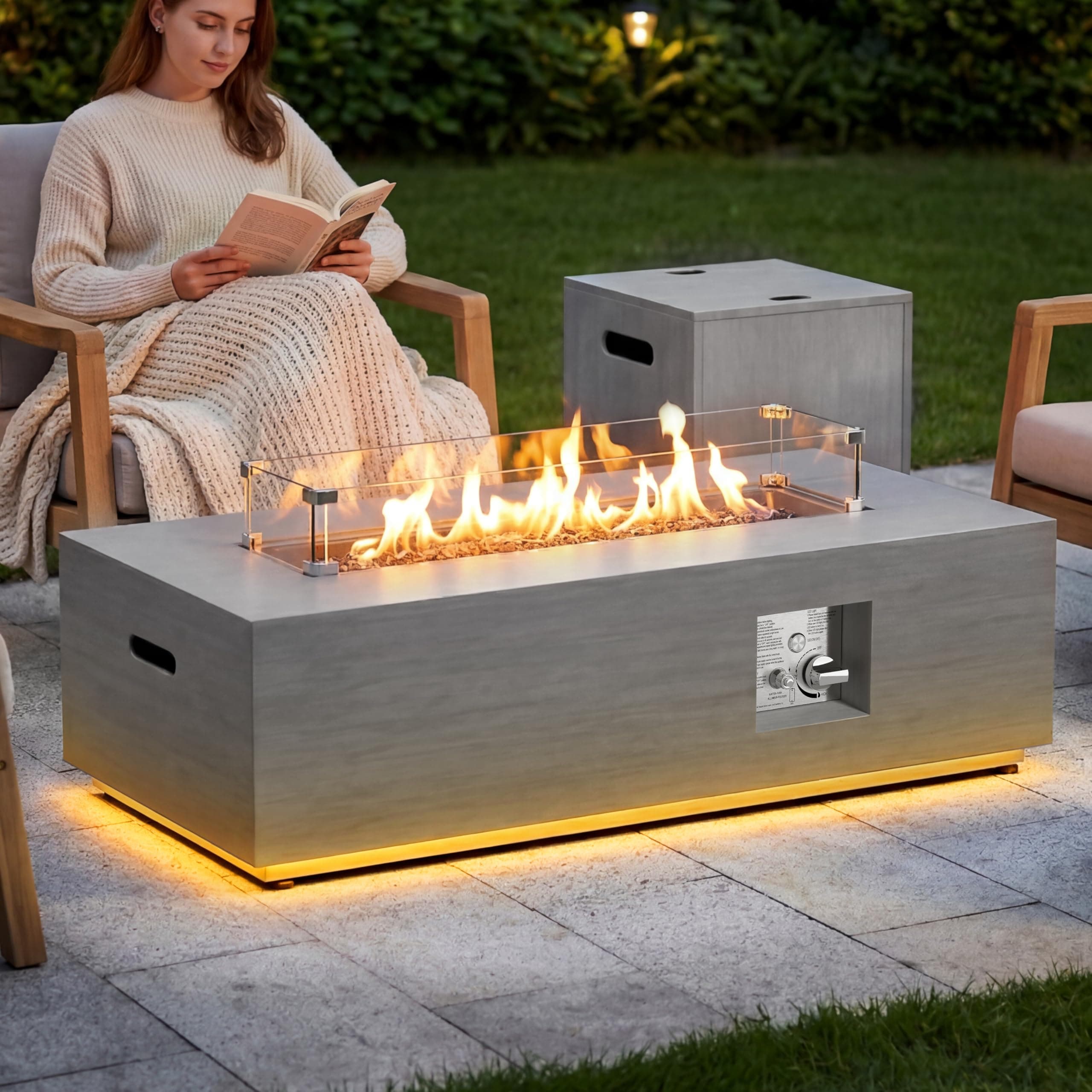 42" Propane Fire Pit Table with LED Light 50,000 BTU Outdoor Fireplace Table Includes Wind Guard, Lid, Rocks & Cover - Gas Firepit Table, Chimenea para Patio (Light Grey/Golden Light, 42" LED)