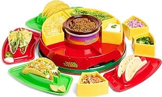 Taco Tuesday Heated Lazy Susan Taco Bar Serving Set for a Party with 4 Tortilla Holders, Fondue Pot for Burritos, Nachos, and Fajitas - 20 Oz. - Red