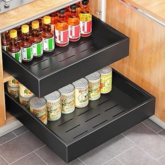 SAYZH Pull Out Cabinet Organizer, Slide Out Drawer Storage Shelves for Kitchen Cupboard, Extendable Sliding Drawer, (43 CM Depth x 35 CM Width x 9CM Height)，No Need Drill and Nailing (Black)