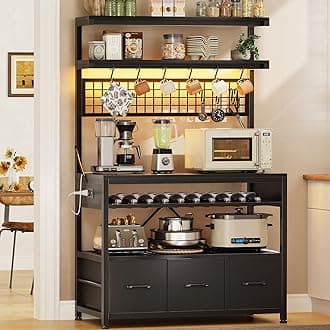 Itaar Bakers Rack with Storage Drawers, Microwave Stand with Power Outlet and LED Lights, 35.4 inch Coffee Bar Cabinet with Hutch, Wine Rack and Hooks for Kitchen, Living Room, Black