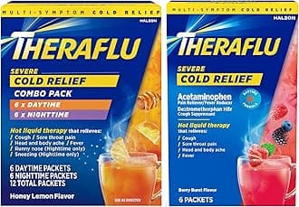 Theraflu Combo Daytime and Nighttime Severe Cold Relief Honey Lemon Flavor Powder and Daytime Severe Cold Relief Berry Burst Flavor Powder, 6 Daytime + 6 Nighttime, and 6 Berry Burst Powder Packets