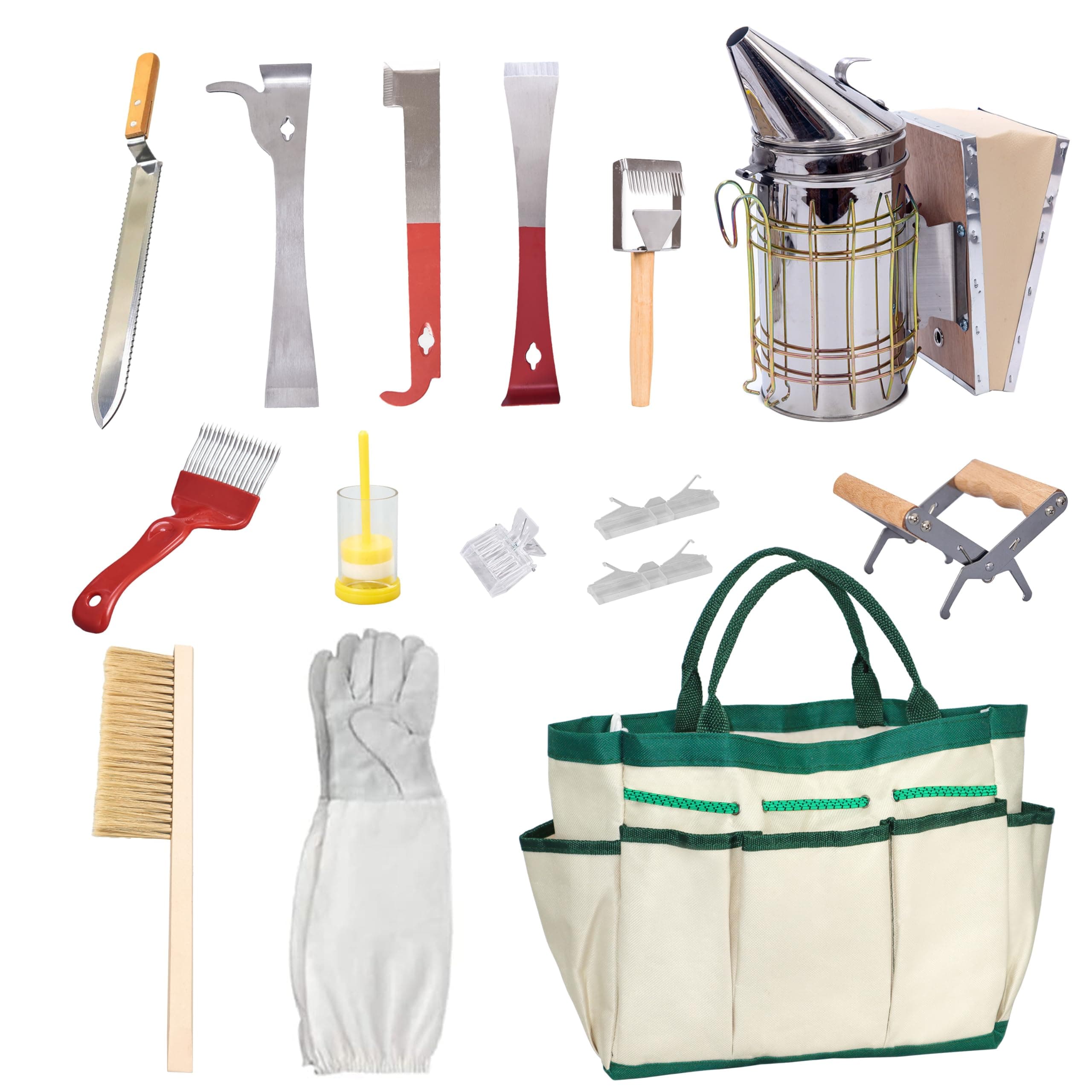 14 Pcs Beekeeping Tools Starter Kit, Bee Keeping Supplies-All Bee Hive Tools Kit with Organizer Tote and Beekeeping Gloves for Beginners and pro Beekeepers