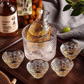 Glass Sake Set, Clear Glass Sake Bottle Set Including 1 Warming Mug, 1 Sake Pot, 4 Sake Cups, Sake Set Hot Sake or Iced Sake for Sake Lovers