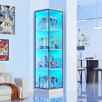 4 Tier Corner Display Cabinets, 62.9" Tall Bookcase Bookshelf with Lights and Magnetic Lock, Storage Cabinet with Human Sensor for Living Room Corner Shelf Unit, White