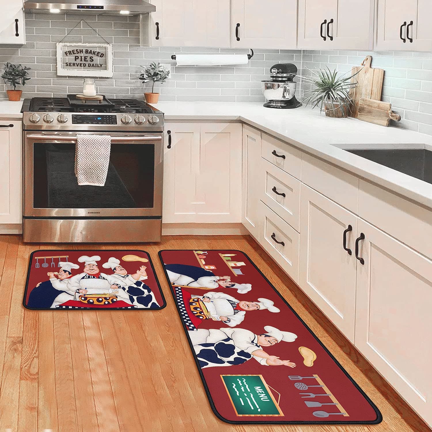 Chef Kitchen Rugs and Non Skid Washable Absorbent Microfiber Kitchen Mat for Floor, Kitchen Mat Set of 2 Red Kitchen Decor Stain Resistant 17"x47"+17"x30"